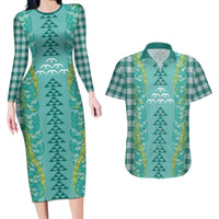 Teal Palaka Hawaii Iwa Bird Couples Matching Long Sleeve Bodycon Dress and Hawaiian Shirt Hawaiian Kakau Jade Vine Lei LT14 Teal - Polynesian Pride