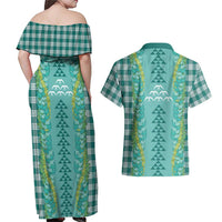 Teal Palaka Hawaii Iwa Bird Couples Matching Off Shoulder Maxi Dress and Hawaiian Shirt Hawaiian Kakau Jade Vine Lei LT14 - Polynesian Pride