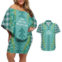 Teal Palaka Hawaii Iwa Bird Couples Matching Off Shoulder Short Dress and Hawaiian Shirt Hawaiian Kakau Jade Vine Lei LT14 Teal - Polynesian Pride