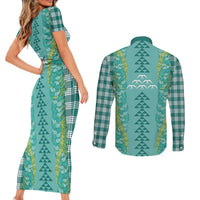 Teal Palaka Hawaii Iwa Bird Couples Matching Short Sleeve Bodycon Dress and Long Sleeve Button Shirt Hawaiian Kakau Jade Vine Lei LT14 - Polynesian Pride