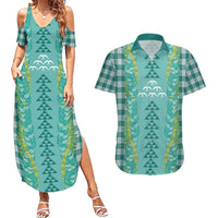 Teal Palaka Hawaii Iwa Bird Couples Matching Summer Maxi Dress and Hawaiian Shirt Hawaiian Kakau Jade Vine Lei LT14 Teal - Polynesian Pride