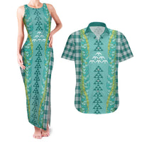 Teal Palaka Hawaii Iwa Bird Couples Matching Tank Maxi Dress and Hawaiian Shirt Hawaiian Kakau Jade Vine Lei LT14 Teal - Polynesian Pride