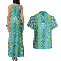Teal Palaka Hawaii Iwa Bird Couples Matching Tank Maxi Dress and Hawaiian Shirt Hawaiian Kakau Jade Vine Lei LT14 - Polynesian Pride