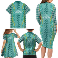 Teal Palaka Hawaii Iwa Bird Family Matching Long Sleeve Bodycon Dress and Hawaiian Shirt Hawaiian Kakau Jade Vine Lei LT14 - Polynesian Pride