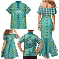 Teal Palaka Hawaii Iwa Bird Family Matching Mermaid Dress and Hawaiian Shirt Hawaiian Kakau Jade Vine Lei LT14 - Polynesian Pride