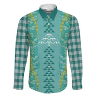 Teal Palaka Hawaii Iwa Bird Family Matching Off Shoulder Maxi Dress and Hawaiian Shirt Hawaiian Kakau Jade Vine Lei LT14 Dad's Shirt - Long Sleeve Teal - Polynesian Pride