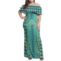 Teal Palaka Hawaii Iwa Bird Family Matching Off Shoulder Maxi Dress and Hawaiian Shirt Hawaiian Kakau Jade Vine Lei LT14 Mom's Dress Teal - Polynesian Pride