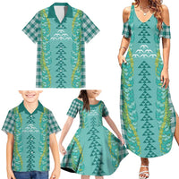 Teal Palaka Hawaii Iwa Bird Family Matching Summer Maxi Dress and Hawaiian Shirt Hawaiian Kakau Jade Vine Lei LT14 - Polynesian Pride