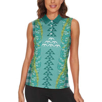 Teal Palaka Hawaii Iwa Bird Women Sleeveless Polo Shirt Hawaiian Kakau Jade Vine Lei LT14 - Polynesian Pride
