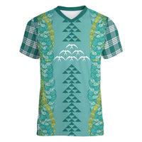 Teal Palaka Hawaii Iwa Bird Women V-Neck T-Shirt Hawaiian Kakau Jade Vine Lei LT14 Female Teal - Polynesian Pride