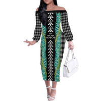 Black Palaka Hawaii Iwa Bird Family Matching Off The Shoulder Long Sleeve Dress and Hawaiian Shirt Hawaiian Kakau Jade Vine Lei LT14 Mom's Dress Black - Polynesian Pride
