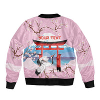 Japanese Torii Gate Cranes Personalised Sleeve Zip Bomber Jacket Fuji Mount Sakura Seigaiha Pattern