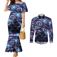 Matariki New Zealand Couples Matching Mermaid Dress and Long Sleeve Button Shirt NZ Niho Taniwha Maori New Year Blue Galaxy LT14 Blue - Polynesian Pride