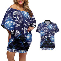 Matariki New Zealand Couples Matching Off Shoulder Short Dress and Hawaiian Shirt NZ Niho Taniwha Maori New Year Blue Galaxy LT14 Blue - Polynesian Pride