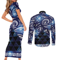 Matariki New Zealand Couples Matching Short Sleeve Bodycon Dress and Long Sleeve Button Shirt NZ Niho Taniwha Maori New Year Blue Galaxy LT14 - Polynesian Pride