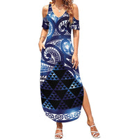Matariki New Zealand Family Matching Summer Maxi Dress and Hawaiian Shirt NZ Niho Taniwha Maori New Year Blue Galaxy LT14 Mom's Dress Blue - Polynesian Pride