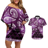 Matariki New Zealand Couples Matching Off Shoulder Short Dress and Hawaiian Shirt NZ Niho Taniwha Maori New Year Purple Galaxy LT14 Purple - Polynesian Pride