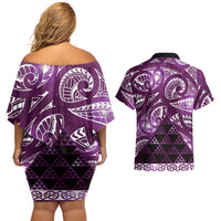 Matariki New Zealand Couples Matching Off Shoulder Short Dress and Hawaiian Shirt NZ Niho Taniwha Maori New Year Purple Galaxy LT14 - Polynesian Pride