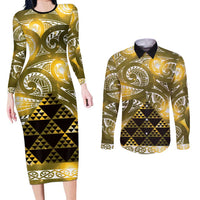 Matariki New Zealand Couples Matching Long Sleeve Bodycon Dress and Long Sleeve Button Shirt NZ Niho Taniwha Maori New Year Yellow Galaxy LT14 Yellow - Polynesian Pride