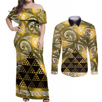 Matariki New Zealand Couples Matching Off Shoulder Maxi Dress and Long Sleeve Button Shirt NZ Niho Taniwha Maori New Year Yellow Galaxy LT14 Yellow - Polynesian Pride