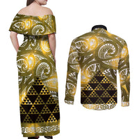 Matariki New Zealand Couples Matching Off Shoulder Maxi Dress and Long Sleeve Button Shirt NZ Niho Taniwha Maori New Year Yellow Galaxy LT14 - Polynesian Pride