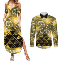 Matariki New Zealand Couples Matching Summer Maxi Dress and Long Sleeve Button Shirt NZ Niho Taniwha Maori New Year Yellow Galaxy LT14 Yellow - Polynesian Pride