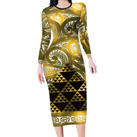 Matariki New Zealand Family Matching Long Sleeve Bodycon Dress and Hawaiian Shirt NZ Niho Taniwha Maori New Year Yellow Galaxy LT14 Mom's Dress Yellow - Polynesian Pride