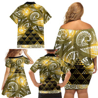 Matariki New Zealand Family Matching Off Shoulder Short Dress and Hawaiian Shirt NZ Niho Taniwha Maori New Year Yellow Galaxy LT14 - Polynesian Pride