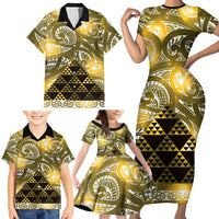 Matariki New Zealand Family Matching Short Sleeve Bodycon Dress and Hawaiian Shirt NZ Niho Taniwha Maori New Year Yellow Galaxy LT14 - Polynesian Pride