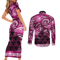 Matariki New Zealand Couples Matching Short Sleeve Bodycon Dress and Long Sleeve Button Shirt NZ Niho Taniwha Maori New Year Pink Galaxy LT14 - Polynesian Pride