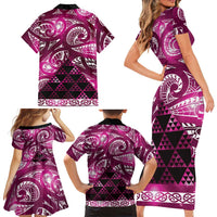 Matariki New Zealand Family Matching Short Sleeve Bodycon Dress and Hawaiian Shirt NZ Niho Taniwha Maori New Year Pink Galaxy LT14 - Polynesian Pride
