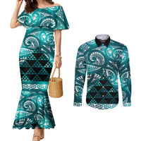 Matariki New Zealand Couples Matching Mermaid Dress and Long Sleeve Button Shirt NZ Niho Taniwha Maori New Year Cyan Galaxy LT14 Cyan - Polynesian Pride