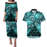 Matariki New Zealand Couples Matching Puletasi and Hawaiian Shirt NZ Niho Taniwha Maori New Year Cyan Galaxy LT14 Cyan - Polynesian Pride