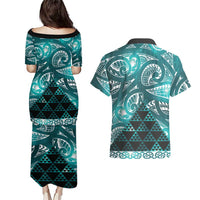 Matariki New Zealand Couples Matching Puletasi and Hawaiian Shirt NZ Niho Taniwha Maori New Year Cyan Galaxy LT14 - Polynesian Pride