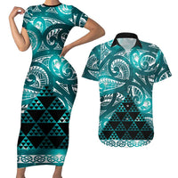 Matariki New Zealand Couples Matching Short Sleeve Bodycon Dress and Hawaiian Shirt NZ Niho Taniwha Maori New Year Cyan Galaxy LT14 Cyan - Polynesian Pride