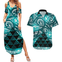 Matariki New Zealand Couples Matching Summer Maxi Dress and Hawaiian Shirt NZ Niho Taniwha Maori New Year Cyan Galaxy LT14 Cyan - Polynesian Pride