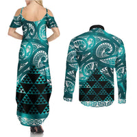 Matariki New Zealand Couples Matching Summer Maxi Dress and Long Sleeve Button Shirt NZ Niho Taniwha Maori New Year Cyan Galaxy LT14 - Polynesian Pride