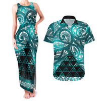 Matariki New Zealand Couples Matching Tank Maxi Dress and Hawaiian Shirt NZ Niho Taniwha Maori New Year Cyan Galaxy LT14 Cyan - Polynesian Pride