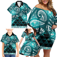 Matariki New Zealand Family Matching Off Shoulder Short Dress and Hawaiian Shirt NZ Niho Taniwha Maori New Year Cyan Galaxy LT14 - Polynesian Pride