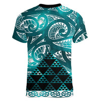 Matariki New Zealand Women V-Neck T-Shirt NZ Niho Taniwha Maori New Year Cyan Galaxy LT14 - Polynesian Pride