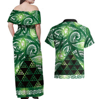 Matariki New Zealand Couples Matching Off Shoulder Maxi Dress and Hawaiian Shirt NZ Niho Taniwha Maori New Year Green Galaxy LT14 - Polynesian Pride