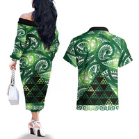 Matariki New Zealand Couples Matching Off The Shoulder Long Sleeve Dress and Hawaiian Shirt NZ Niho Taniwha Maori New Year Green Galaxy LT14 - Polynesian Pride
