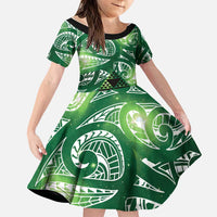 Matariki New Zealand Family Matching Off Shoulder Maxi Dress and Hawaiian Shirt NZ Niho Taniwha Maori New Year Green Galaxy LT14 Daughter's Dress Green - Polynesian Pride