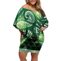 Matariki New Zealand Family Matching Off Shoulder Short Dress and Hawaiian Shirt NZ Niho Taniwha Maori New Year Green Galaxy LT14 Mom's Dress Green - Polynesian Pride