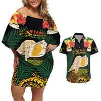 Vanuatu Triton's Trumpet Couples Matching Off Shoulder Short Dress and Hawaiian Shirt Tropical Flowers Vanuatuan Map LT14 Black - Polynesian Pride