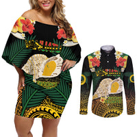 Vanuatu Triton's Trumpet Couples Matching Off Shoulder Short Dress and Long Sleeve Button Shirt Tropical Flowers Vanuatuan Map