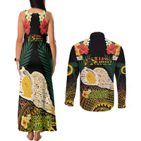 Vanuatu Triton's Trumpet Couples Matching Tank Maxi Dress and Long Sleeve Button Shirt Tropical Flowers Vanuatuan Map