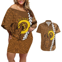Vanuatu Coconut Crab Couples Matching Off Shoulder Short Dress and Hawaiian Shirt Ni-Van Tropical Leaves With Sand Drawing Art LT14 Brown - Polynesian Pride