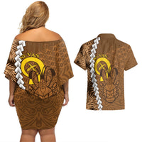 Vanuatu Coconut Crab Couples Matching Off Shoulder Short Dress and Hawaiian Shirt Ni-Van Tropical Leaves With Sand Drawing Art LT14 - Polynesian Pride