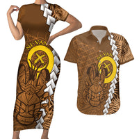 Vanuatu Coconut Crab Couples Matching Short Sleeve Bodycon Dress and Hawaiian Shirt Ni-Van Tropical Leaves With Sand Drawing Art LT14 Brown - Polynesian Pride